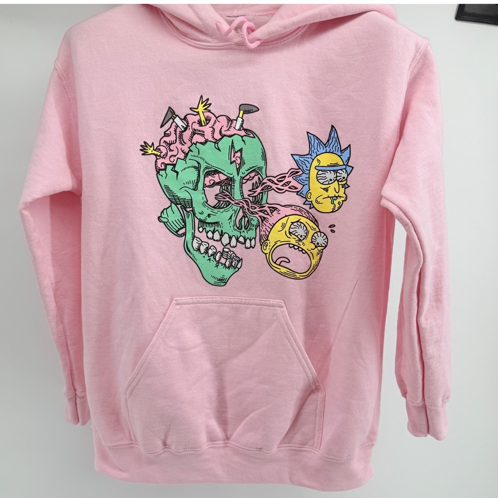 Rick and Morty Graphic Hoodie Pink Skull Brain Cartoon Adult Swim Sweatshirt‎ S